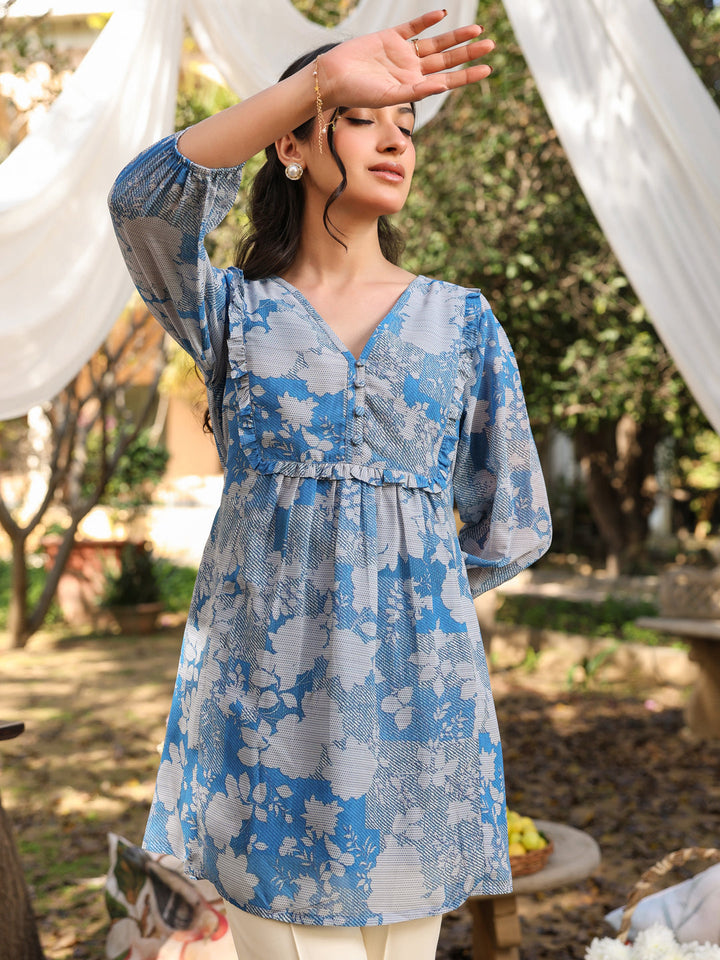 Blue Georgette All-Over Floral A-Line Tunic Only