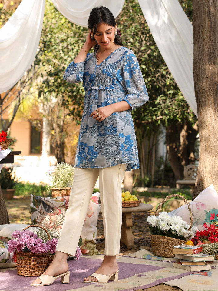 Blue Georgette All-Over Floral A-Line Tunic Only
