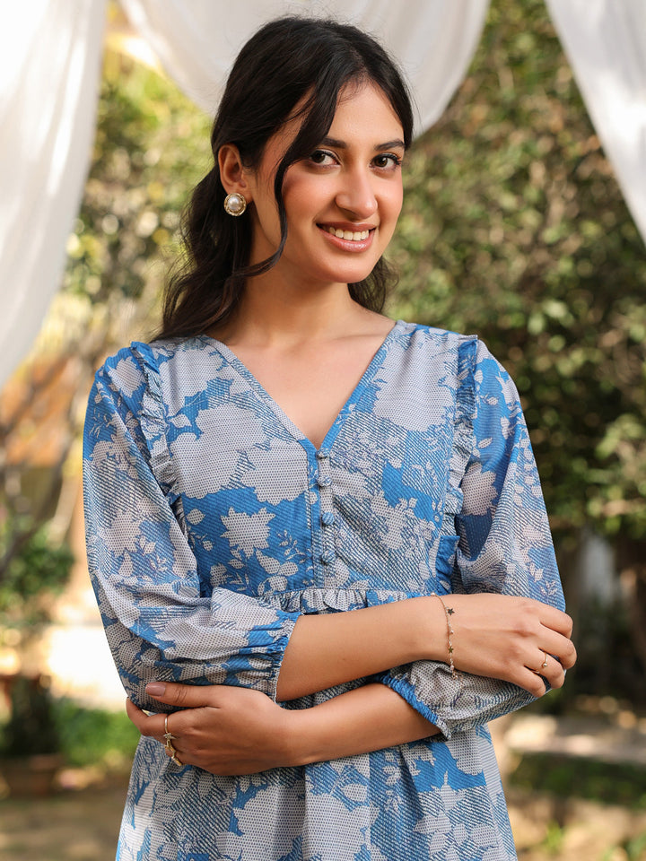 Blue Georgette All-Over Floral A-Line Tunic Only
