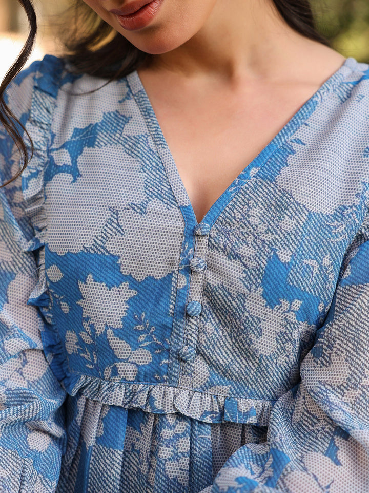 Blue Georgette All-Over Floral A-Line Tunic Only