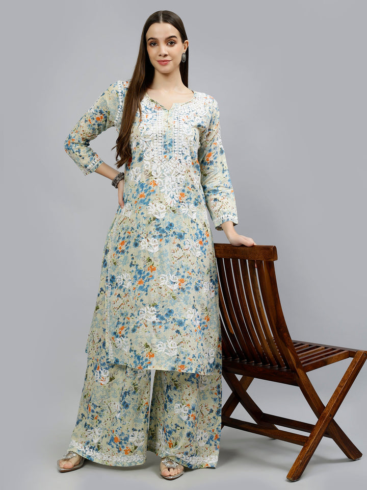 Blue-Mulmul-Embroidered-Chikankari-Kurta-With-Palazzo-Set