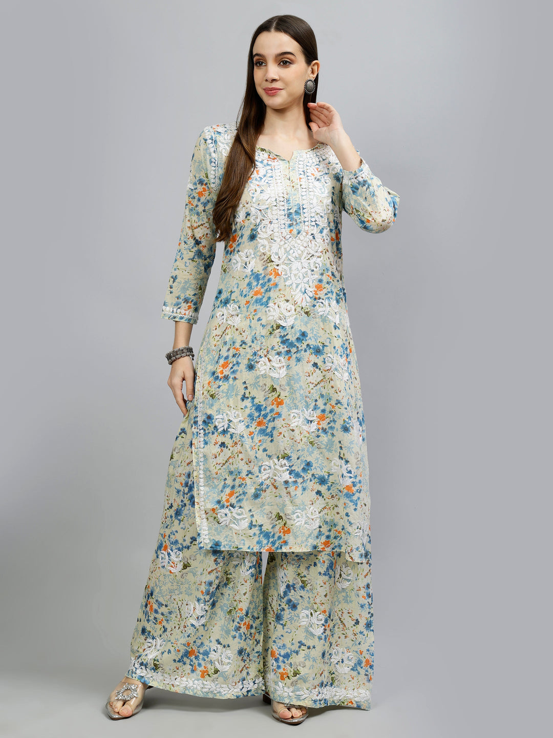 Blue-Mulmul-Embroidered-Chikankari-Kurta-With-Palazzo-Set