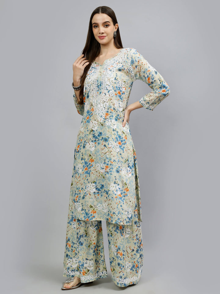Blue-Mulmul-Embroidered-Chikankari-Kurta-With-Palazzo-Set