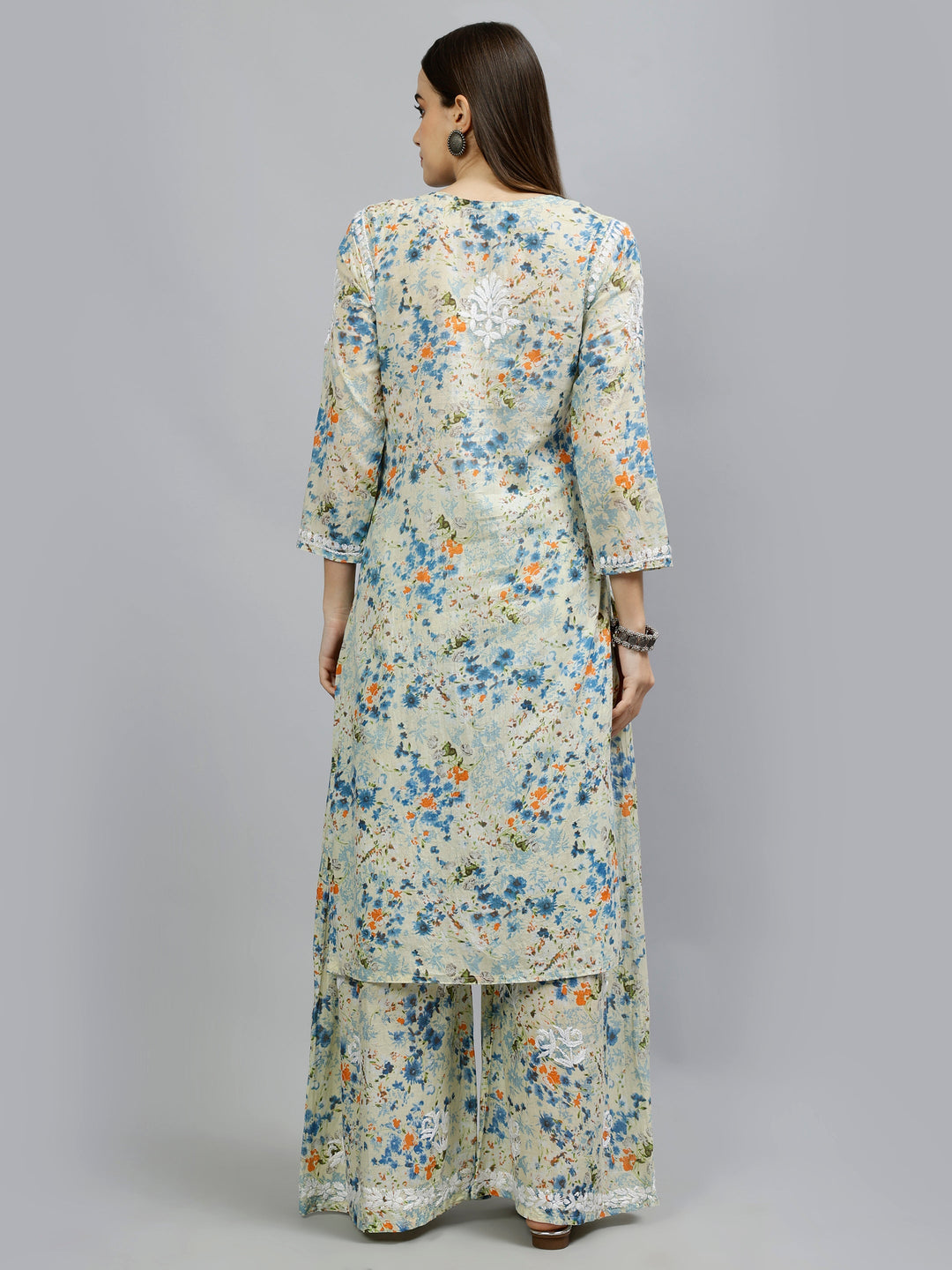 Blue-Mulmul-Embroidered-Chikankari-Kurta-With-Palazzo-Set