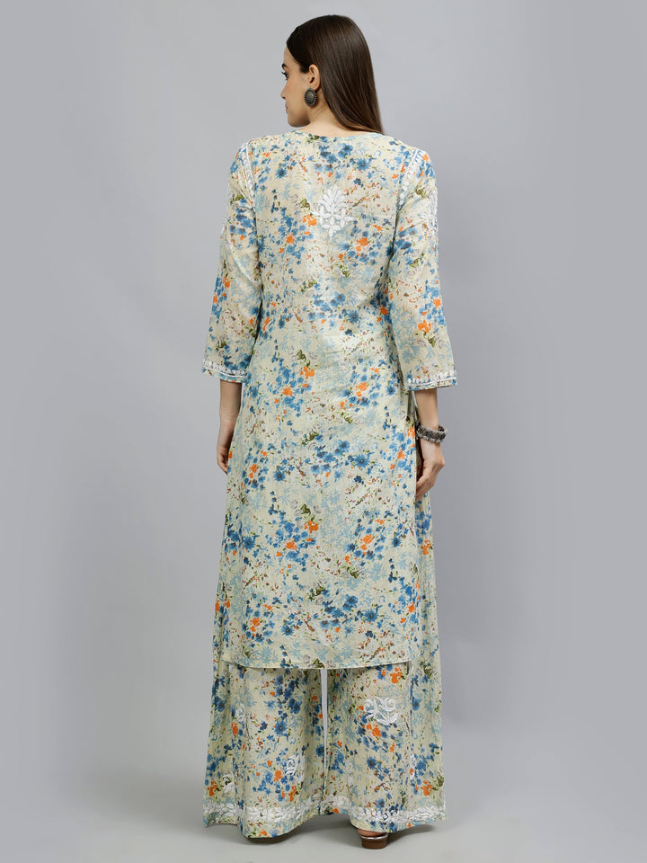 Blue-Mulmul-Embroidered-Chikankari-Kurta-With-Palazzo-Set