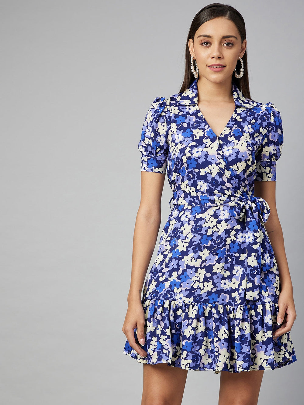 Blue-Polyester-Overlap-Floral-Dress