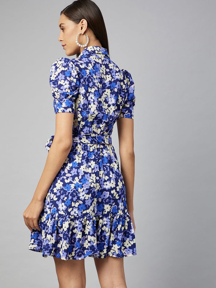 Blue-Polyester-Overlap-Floral-Dress