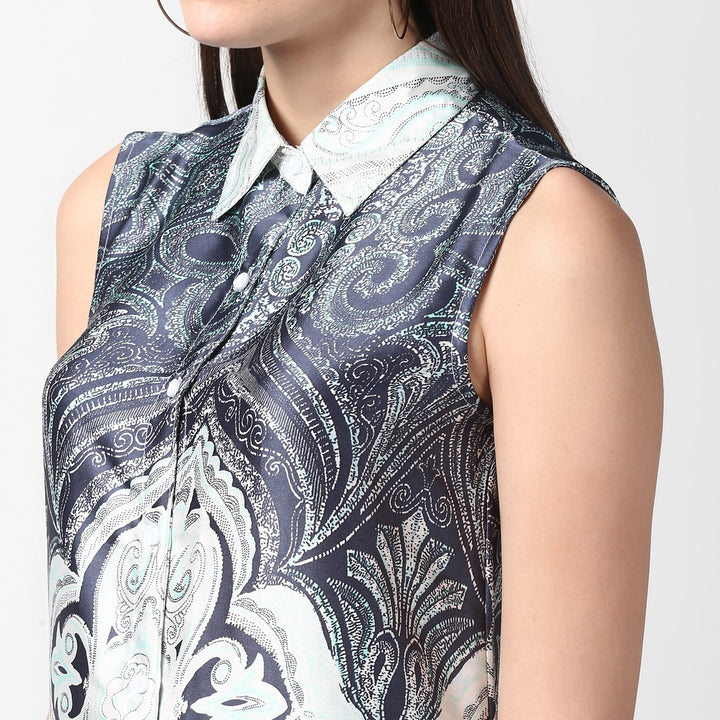 Blue-Polyester-Satin-Printed-Dress-with-front-Buttons