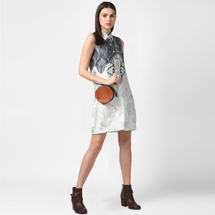 Blue-Polyester-Satin-Printed-Dress-with-front-Buttons