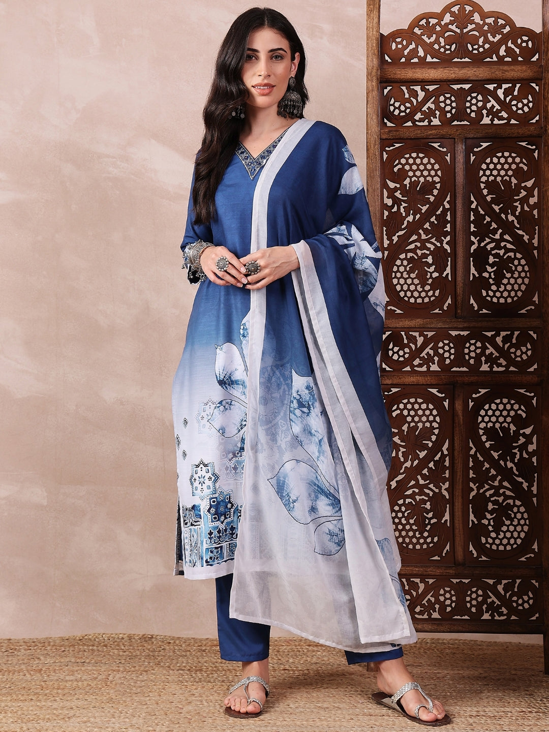 ZERESOUQ-Blue-Silk-Blend-Abstract-Printed-3-Piece-Kurta-Set