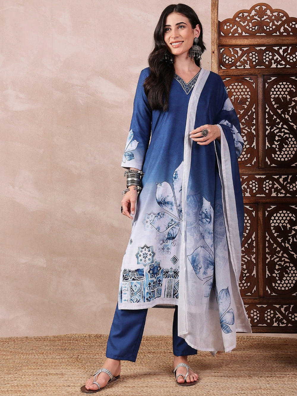ZERESOUQ-Blue-Silk-Blend-Abstract-Printed-3-Piece-Kurta-Set