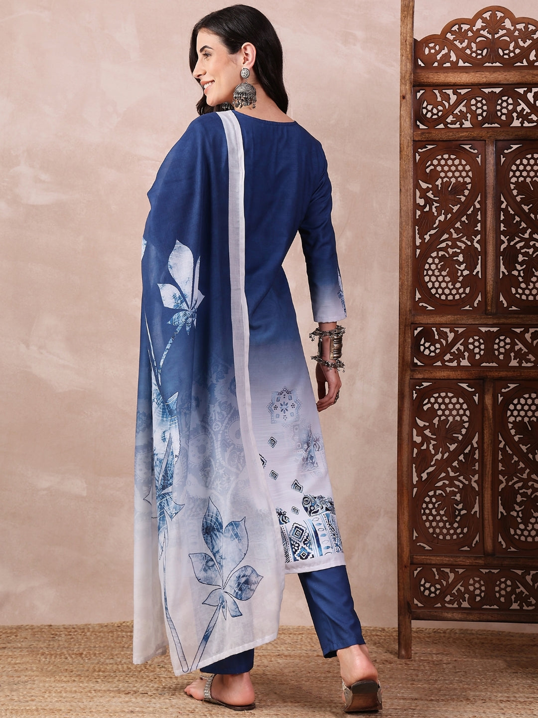 ZERESOUQ-Blue-Silk-Blend-Abstract-Printed-3-Piece-Kurta-Set