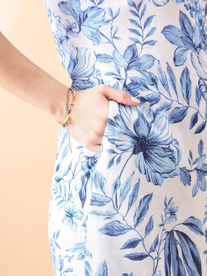 Blue-&-White-Cotton-A-Line-Floral-Printed-Dress