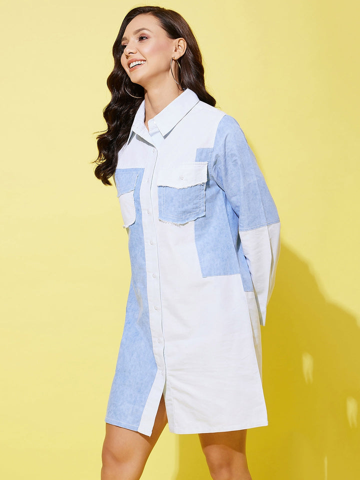 Blue-&-White-Denim-Shirt-Dress-With-Patchwork-Detail