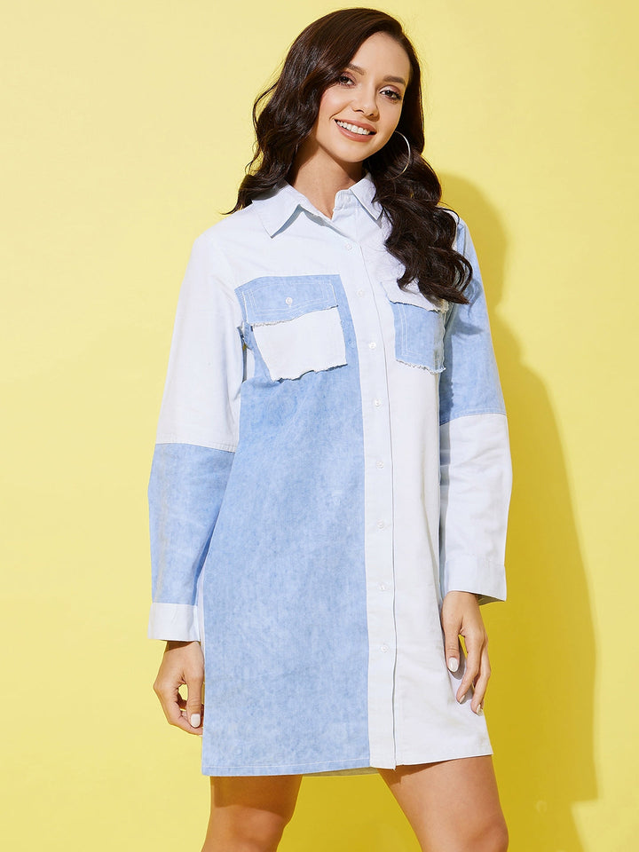 Blue-&-White-Denim-Shirt-Dress-With-Patchwork-Detail