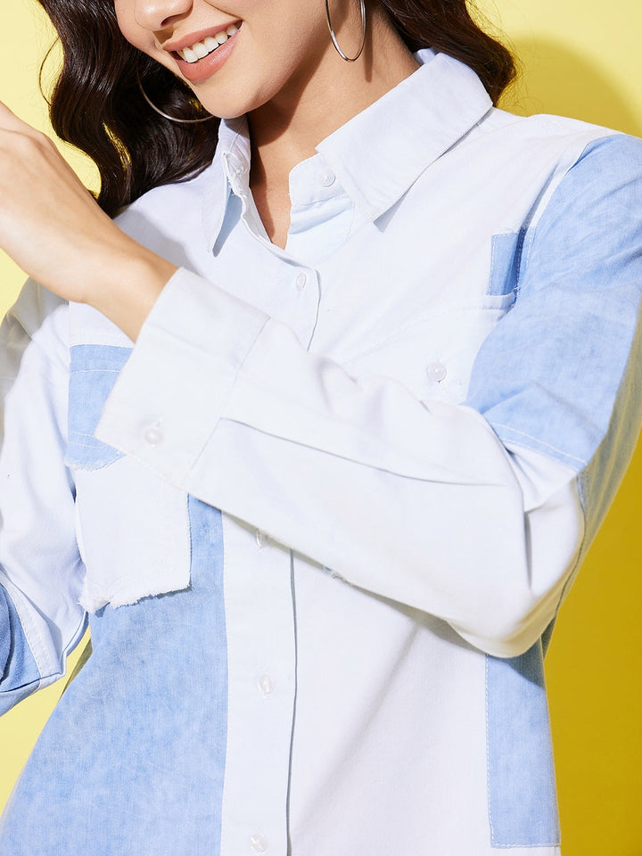 Blue-&-White-Denim-Shirt-Dress-With-Patchwork-Detail