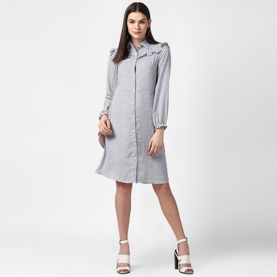 Blue-&-White-Polyester-Floral-Printed-Dress