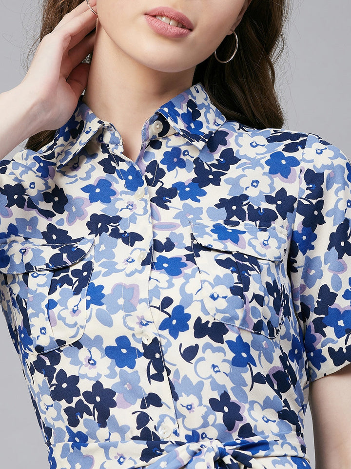 Blue-&-White-Polyester-Floral-Shirt-Dress