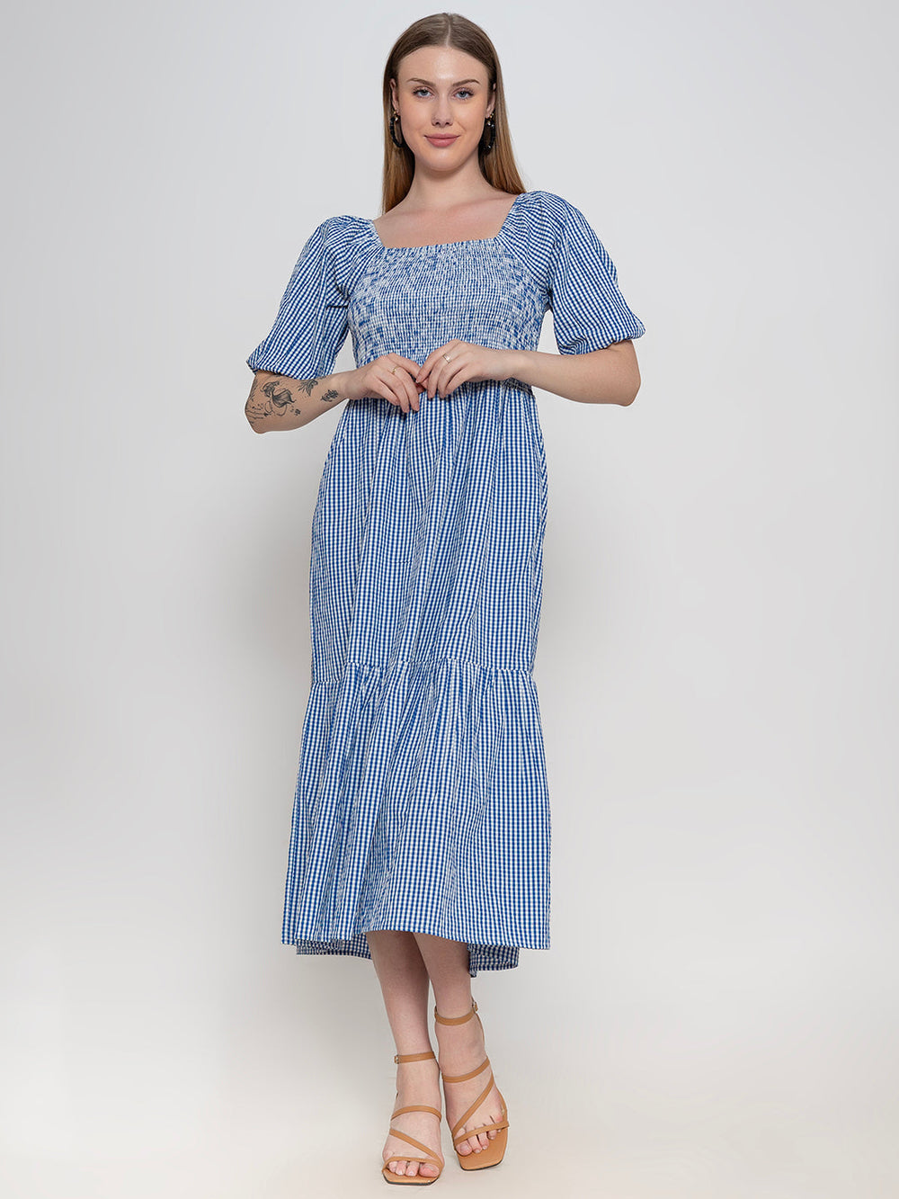 Blue-100%-Polyester-Ghingham-Smocked-Dress