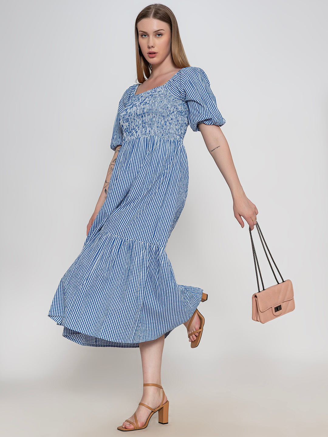 Blue-100%-Polyester-Ghingham-Smocked-Dress