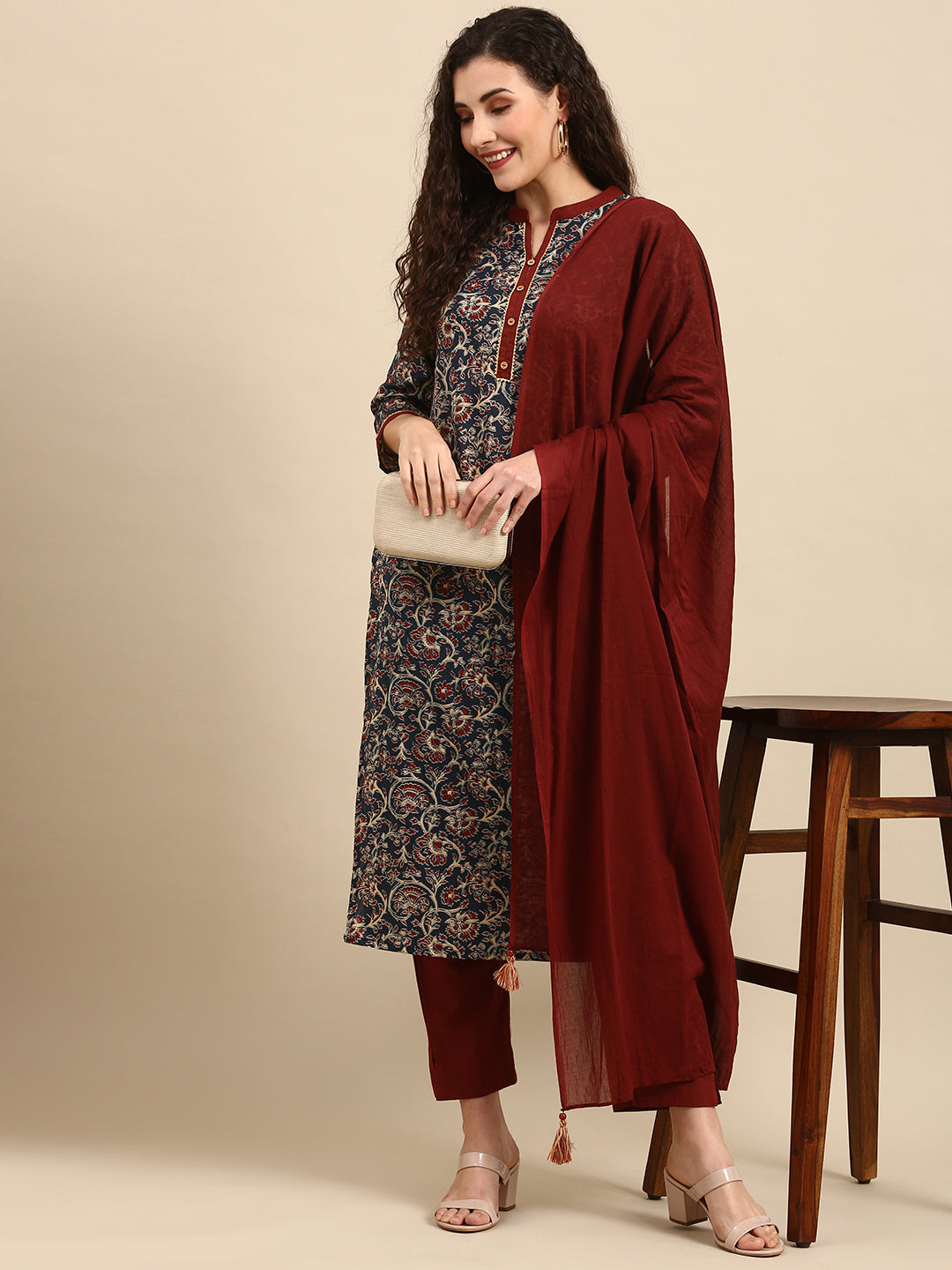 Brown & Blue Cotton Floral Print Kurta Set