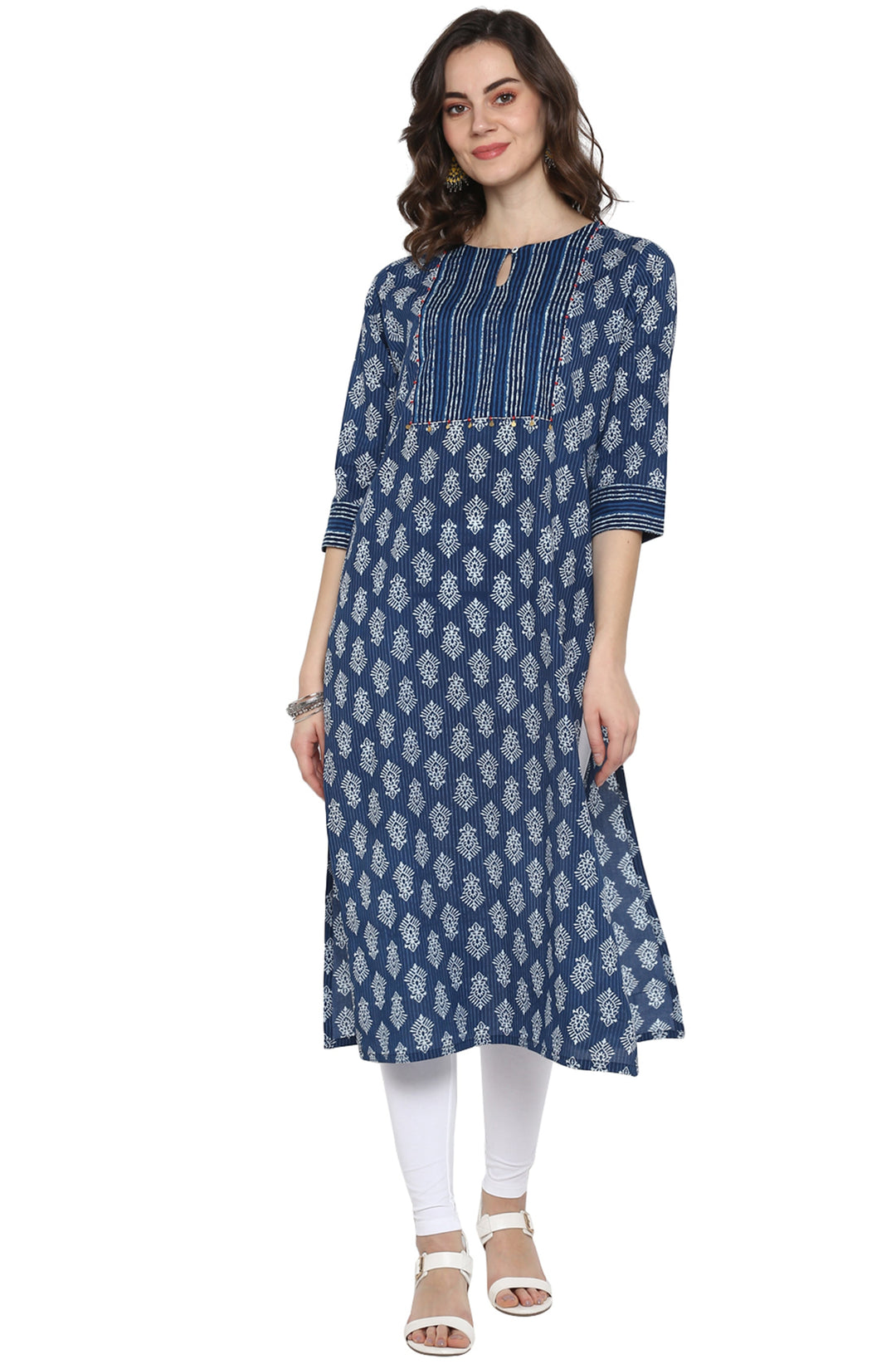 Blue Cotton Block Print Straight Kurta