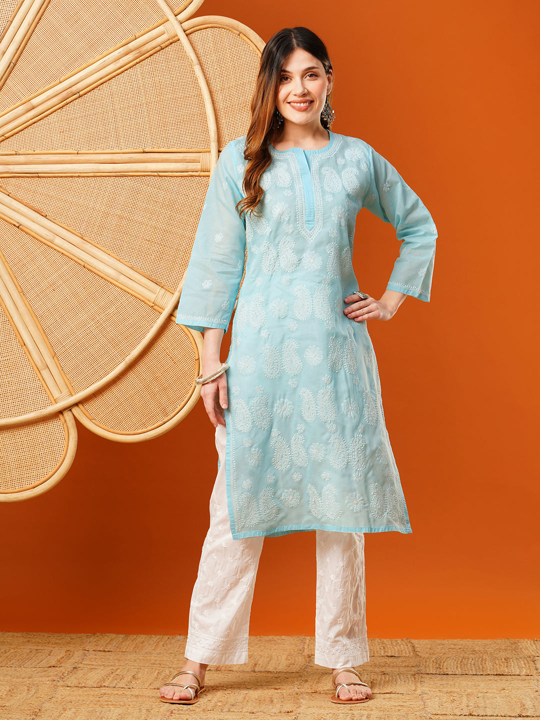 Light-Blue-Cotton-Embroidered-Chikankari-Kurta-Only