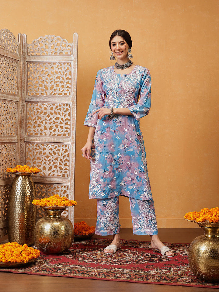 Blue-Cotton-Lucknowi-Chikankari-Printed-Kurta-Set