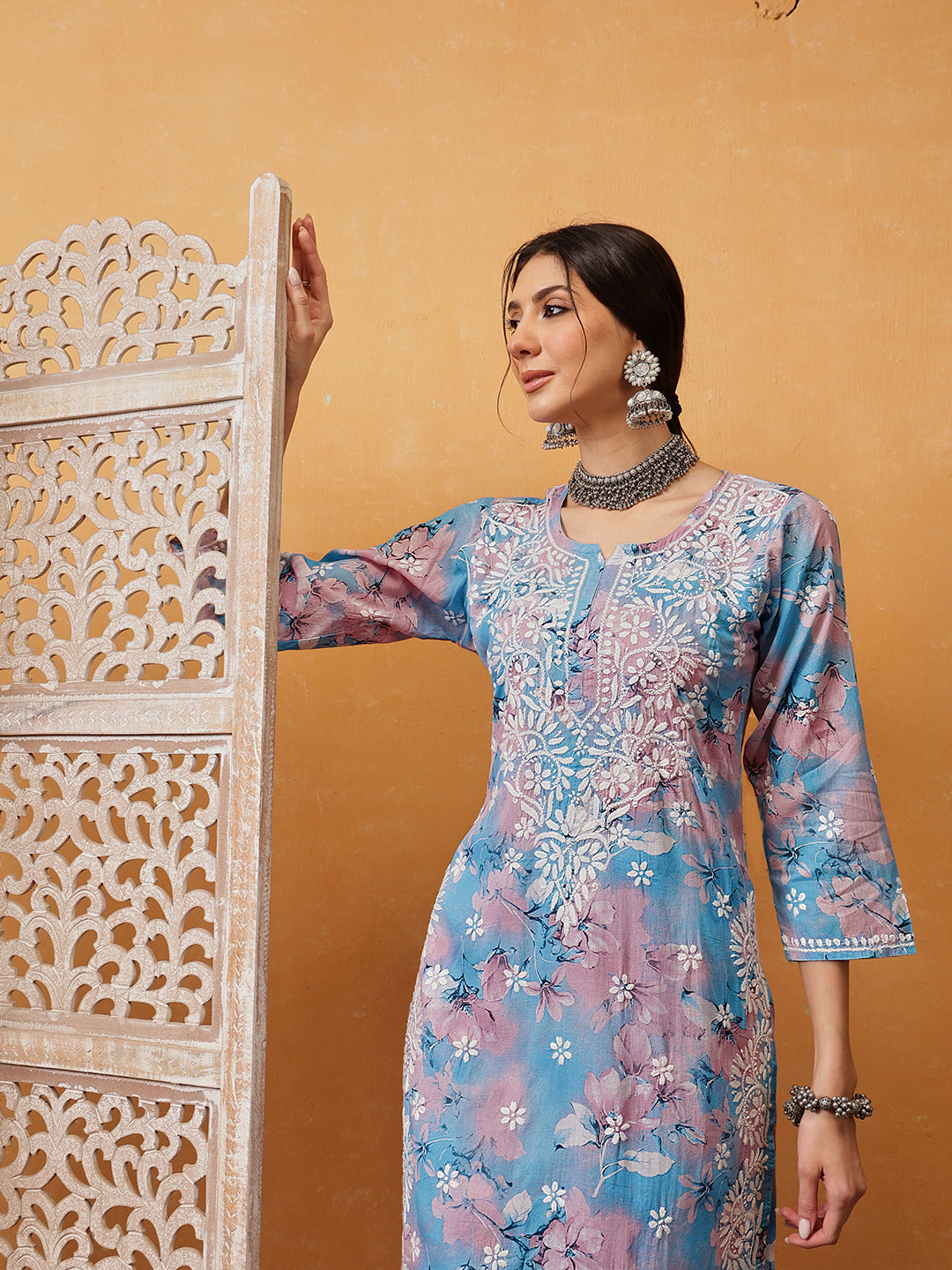 Blue-Cotton-Lucknowi-Chikankari-Printed-Kurta-Set