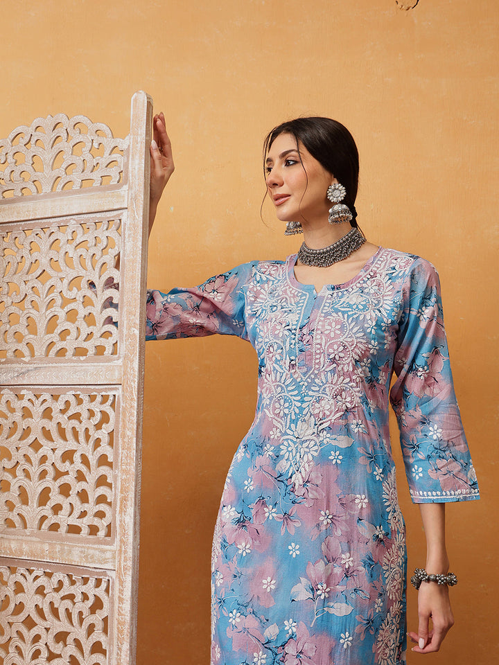 Blue-Cotton-Lucknowi-Chikankari-Printed-Kurta-Set