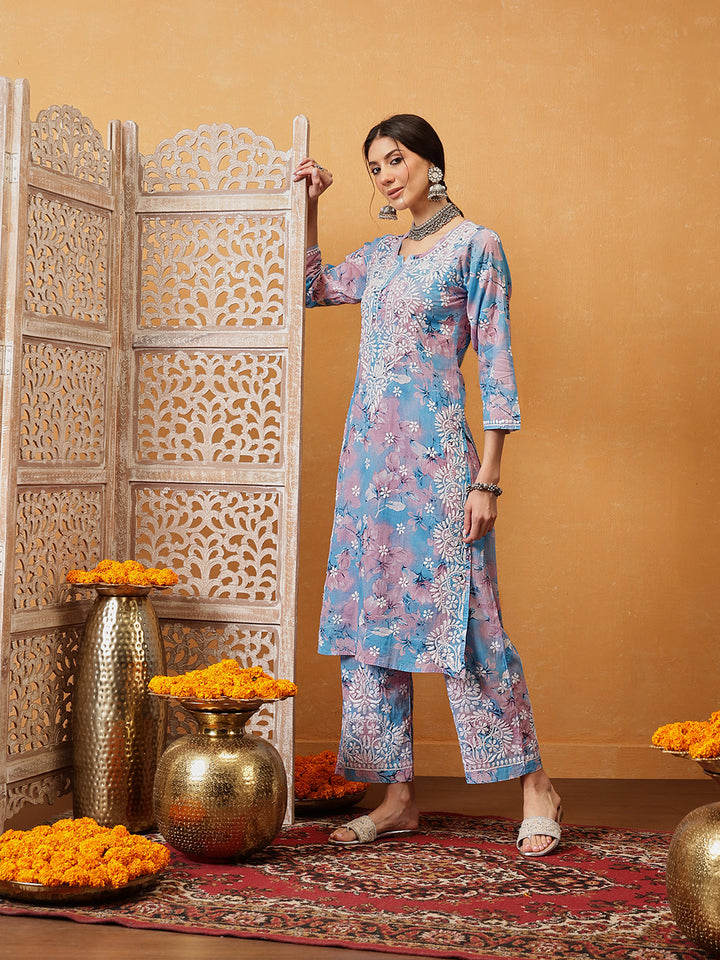 Blue-Cotton-Lucknowi-Chikankari-Printed-Kurta-Set