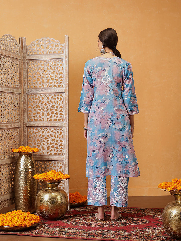 Blue-Cotton-Lucknowi-Chikankari-Printed-Kurta-Set