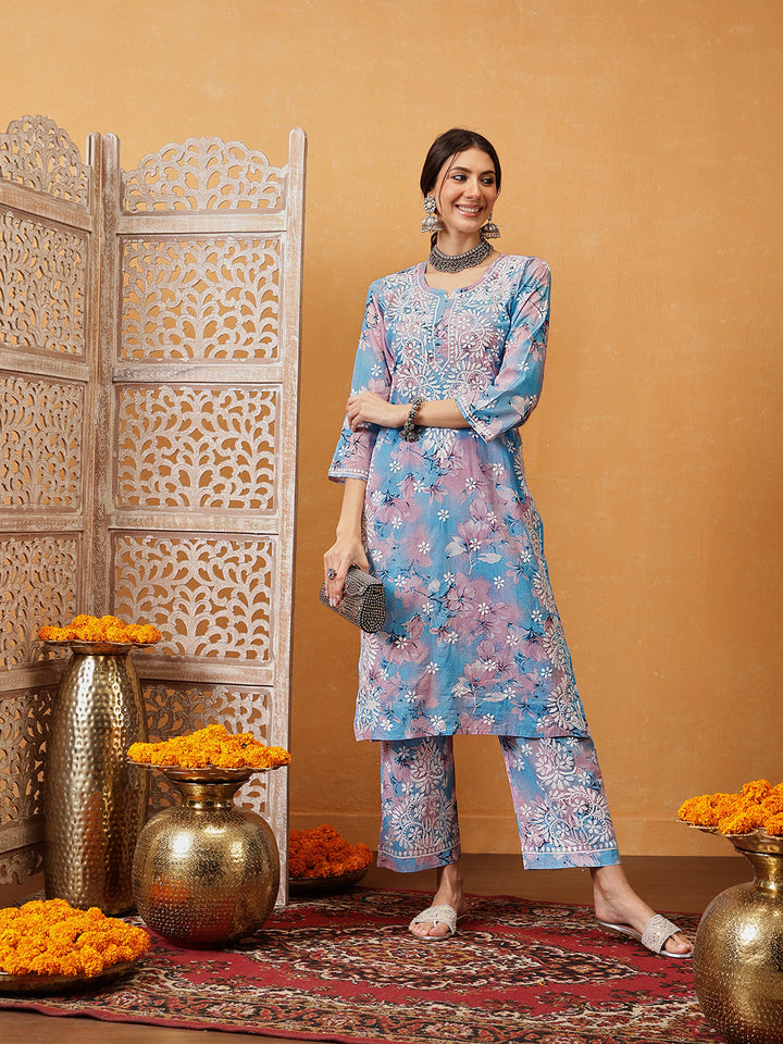 Blue-Cotton-Lucknowi-Chikankari-Printed-Kurta-Set
