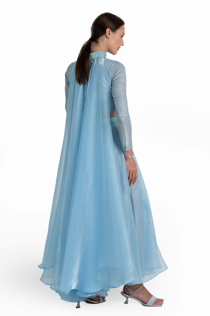 Blue Shiny Lurex & Organza Tara Skirt Set