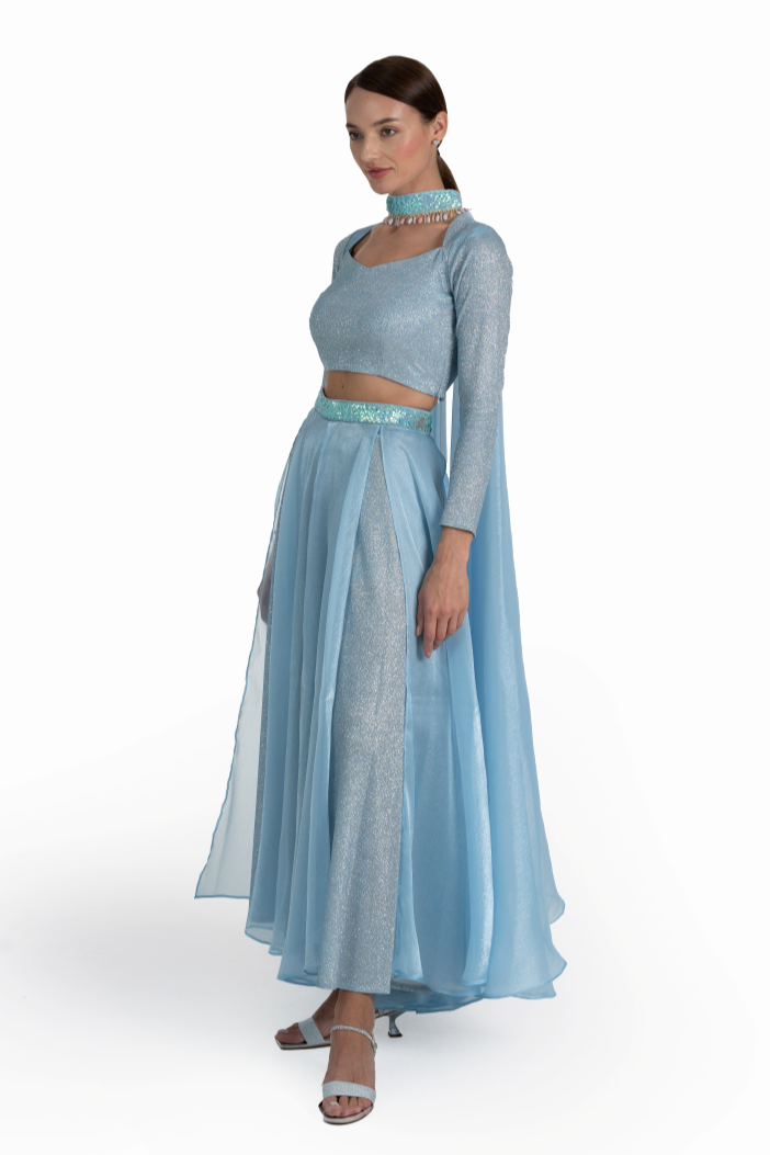 Blue Shiny Lurex & Organza Tara Skirt Set