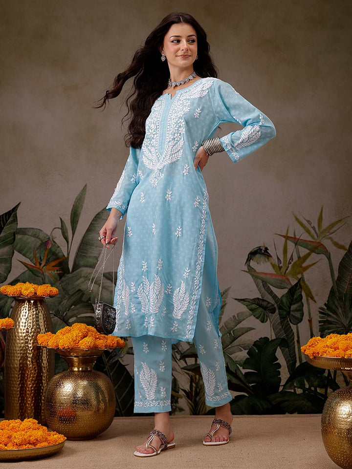 Blue-&-White-Cotton-Lucknowi-Chikankari-2-Piece-Kurta-Set