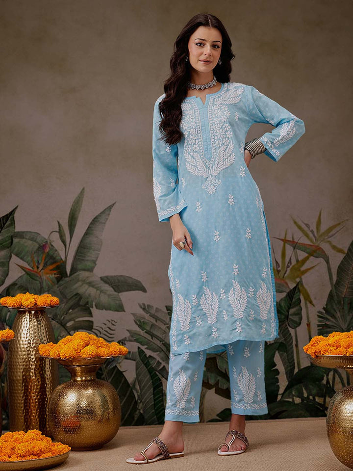 Blue-&-White-Cotton-Lucknowi-Chikankari-2-Piece-Kurta-Set