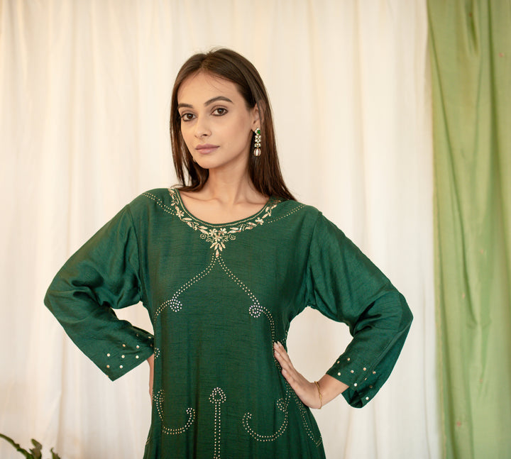 Bottle-Green-Silk-A-Line-Mukaish-Jaal-2-Piece-Kurta-Set