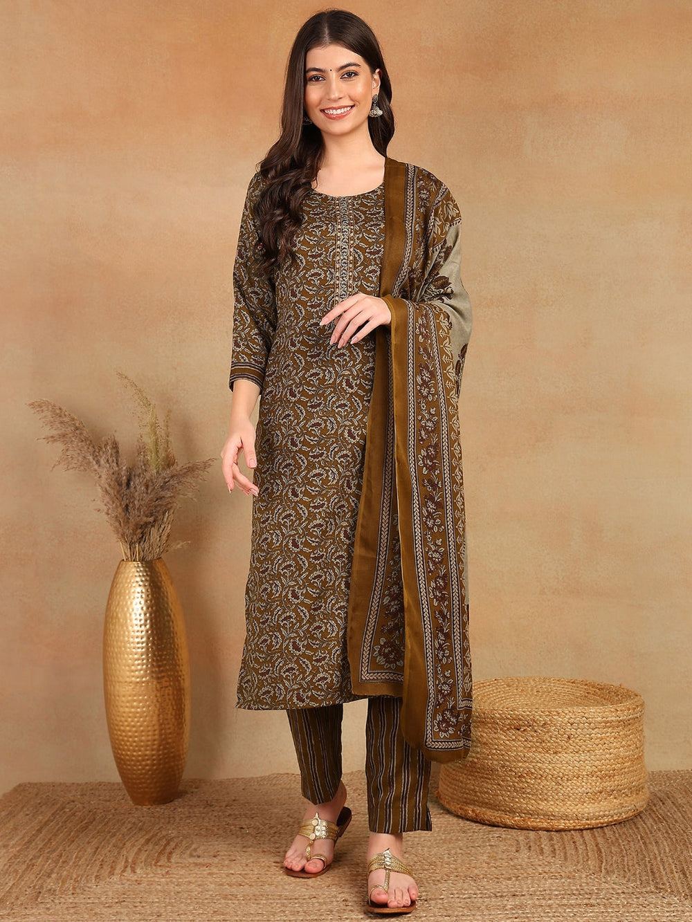 ZERESOUQ-Brown-Cotton-Blend-Ethnic-Motifs-Printed-3-Piece-Kurta-Set