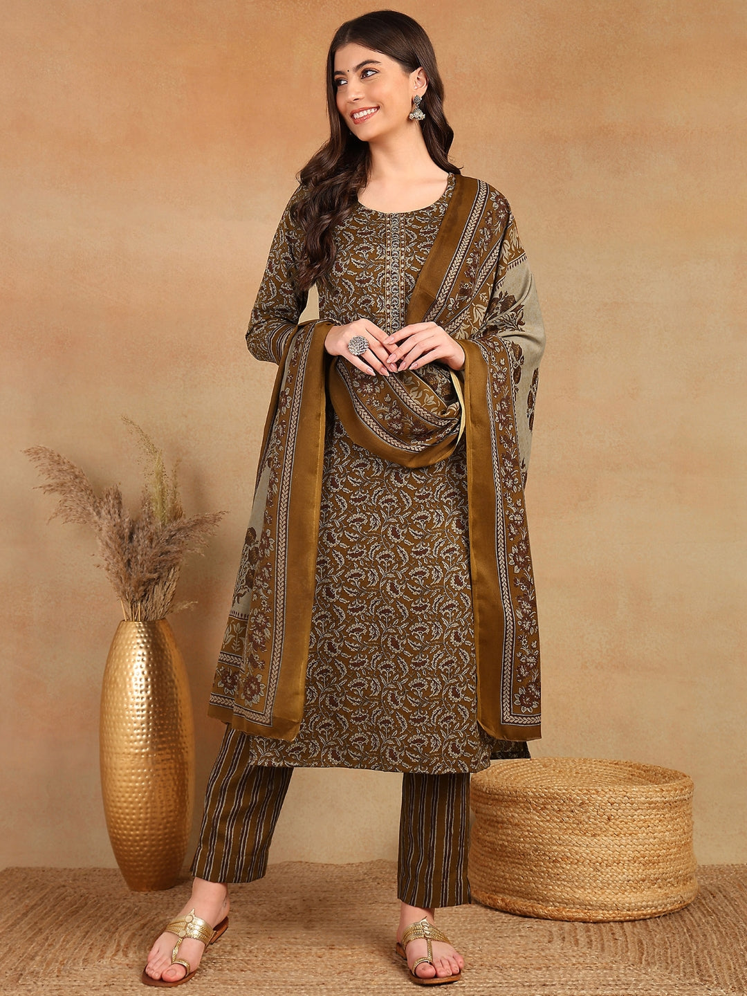 ZERESOUQ-Brown-Cotton-Blend-Ethnic-Motifs-Printed-3-Piece-Kurta-Set