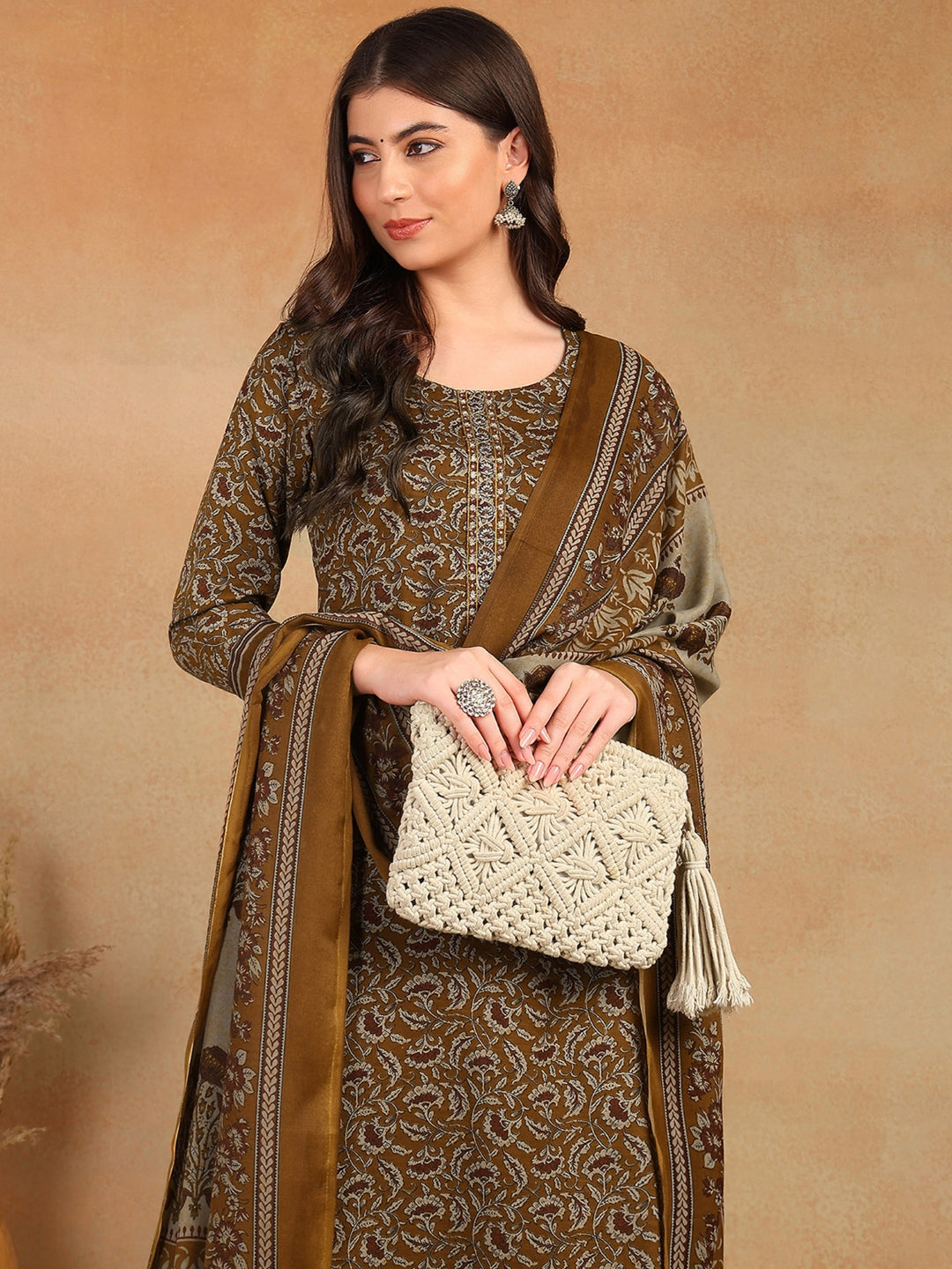 ZERESOUQ-Brown-Cotton-Blend-Ethnic-Motifs-Printed-3-Piece-Kurta-Set