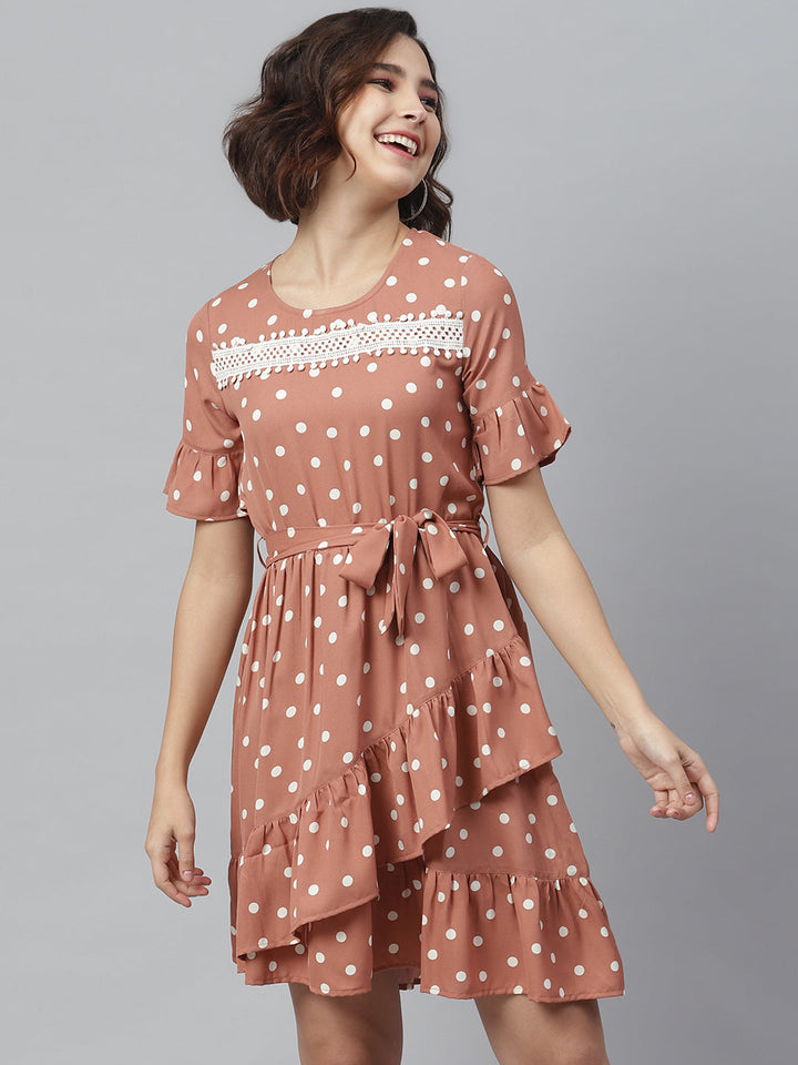 Brown-Polyester-Lace-Detailed-Polka-Dress