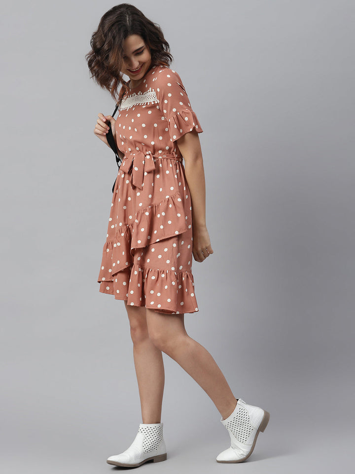 Brown-Polyester-Lace-Detailed-Polka-Dress
