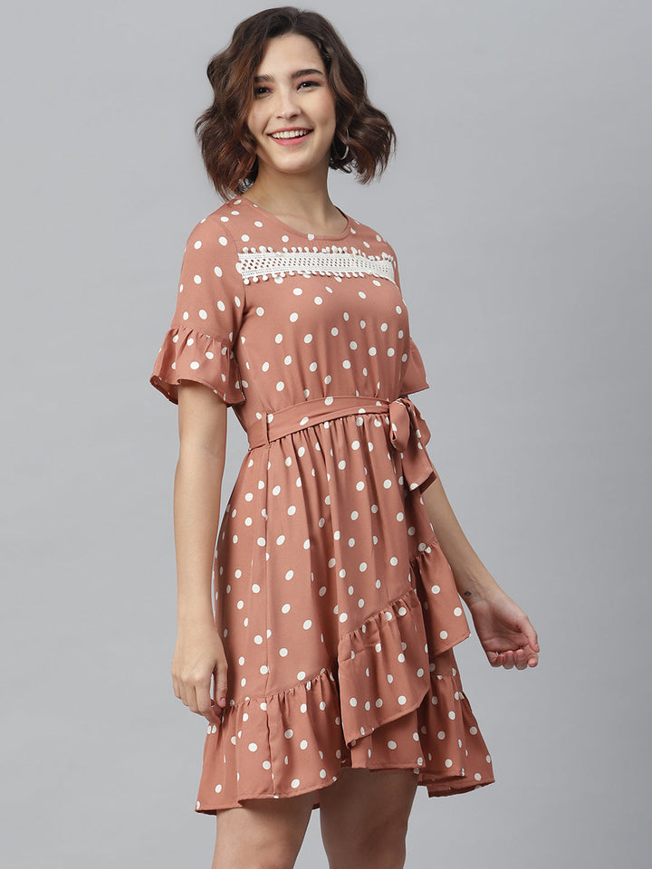 Brown-Polyester-Lace-Detailed-Polka-Dress
