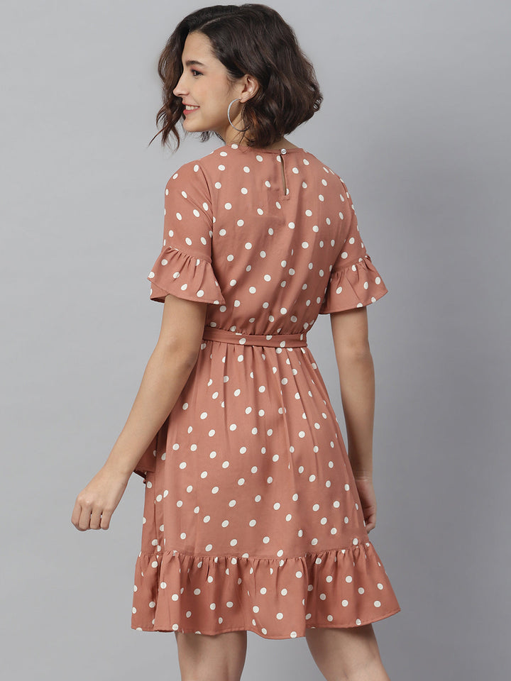 Brown-Polyester-Lace-Detailed-Polka-Dress