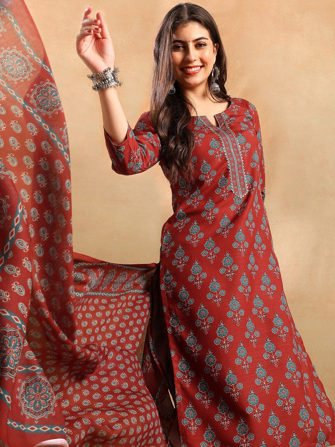 ZERESOUQ-Brown-Rayon-Blend-Floral-Printed-Straight-3-Piece-Kurta-Set