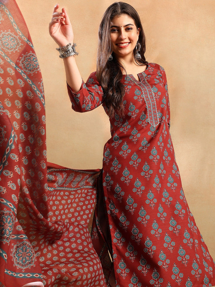 ZERESOUQ-Brown-Rayon-Blend-Floral-Printed-Straight-3-Piece-Kurta-Set