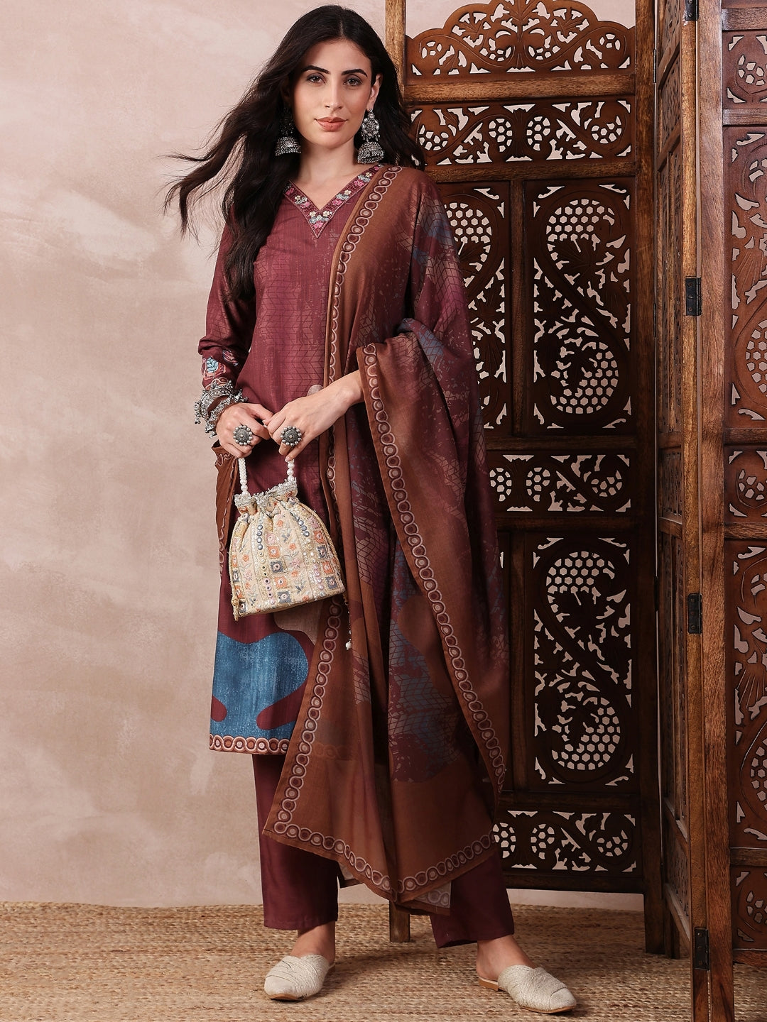 ZERESOUQ-Brown-Silk-Blend-Floral-Printed-3-Piece-Kurta-Set