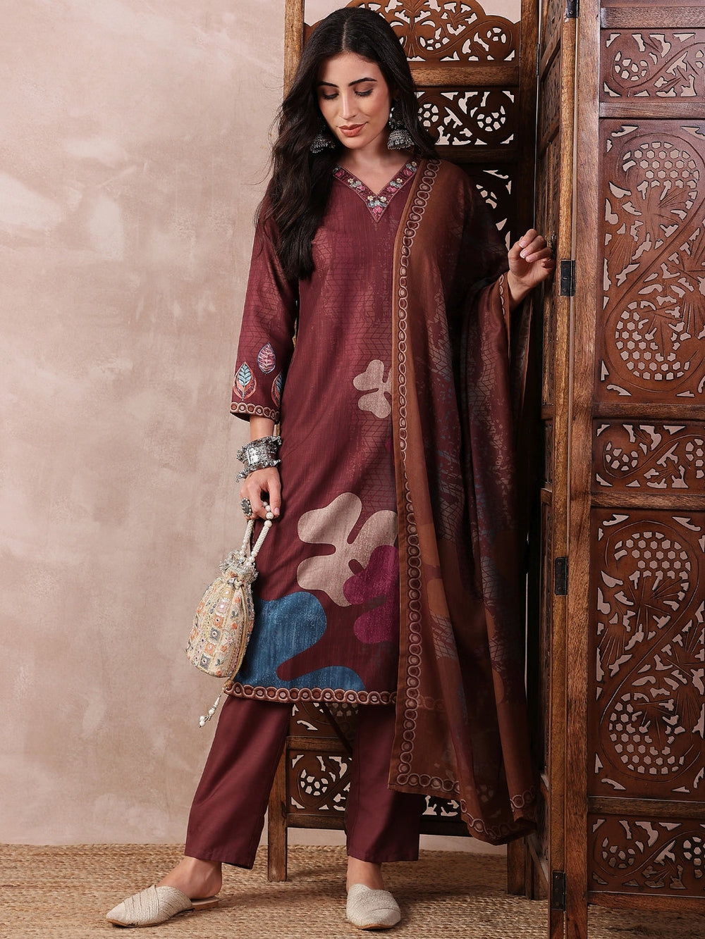 ZERESOUQ-Brown-Silk-Blend-Floral-Printed-3-Piece-Kurta-Set