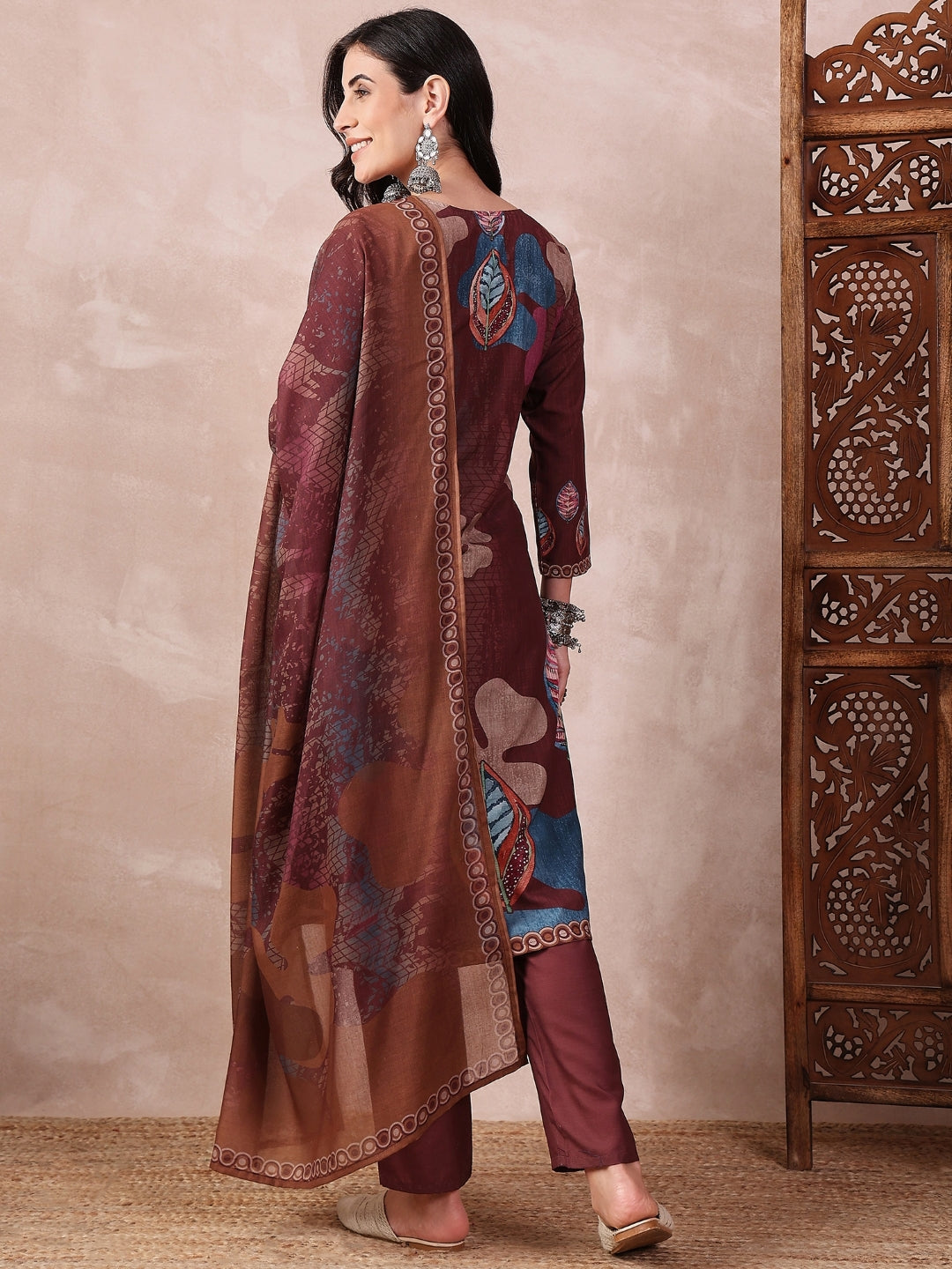 ZERESOUQ-Brown-Silk-Blend-Floral-Printed-3-Piece-Kurta-Set